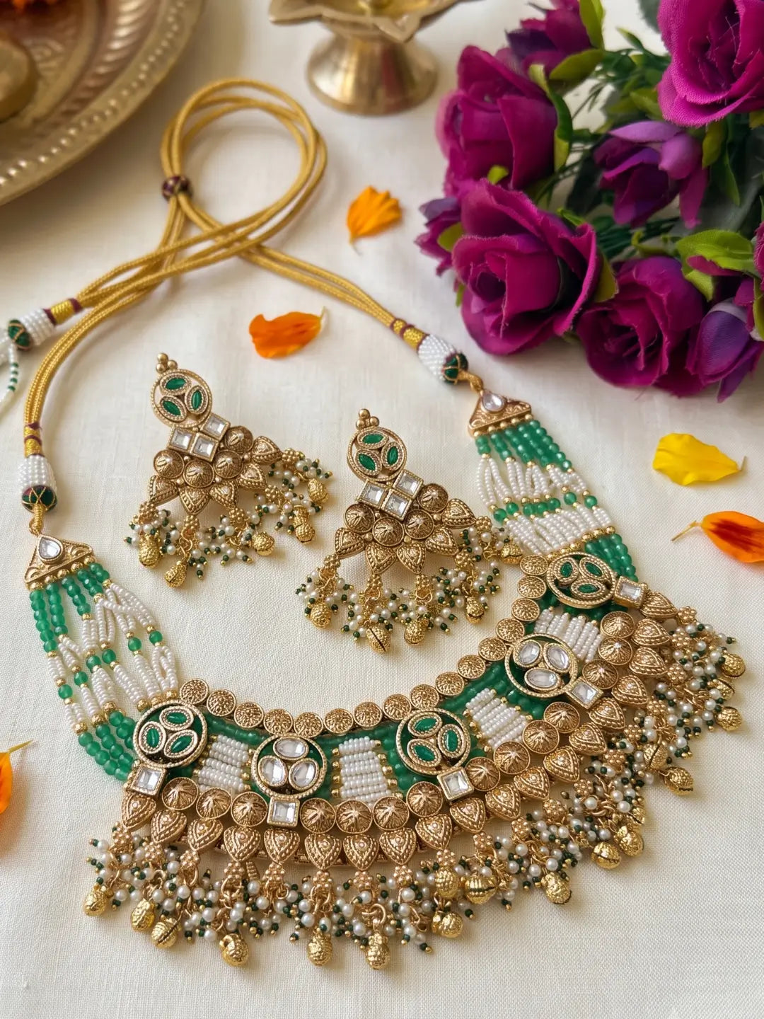 Traditional Antique Gold Plated Green Beaded Heritage Kundan Jewellery Set | Wedding Wear