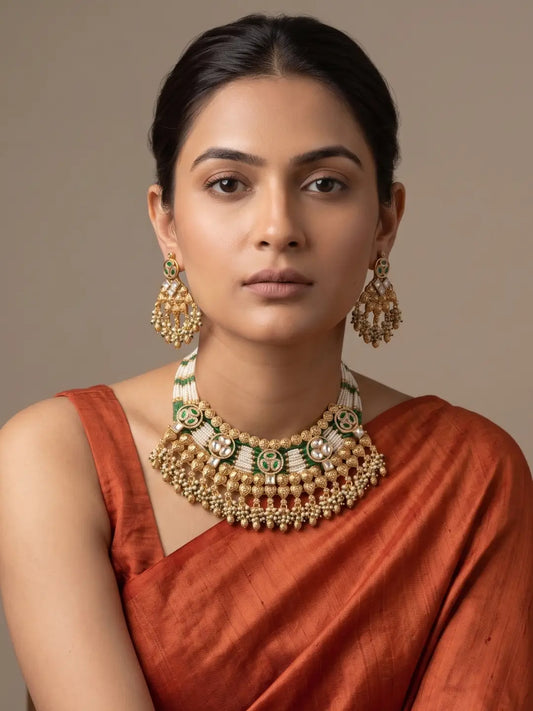 Traditional Antique Gold Plated Green Beaded Heritage Kundan Jewellery Set | Wedding Wear