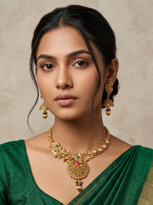 A woman wearing an ornate gold-toned traditional antique gold necklace with matching earrings and a green saree photographed against a soft beige textured background.