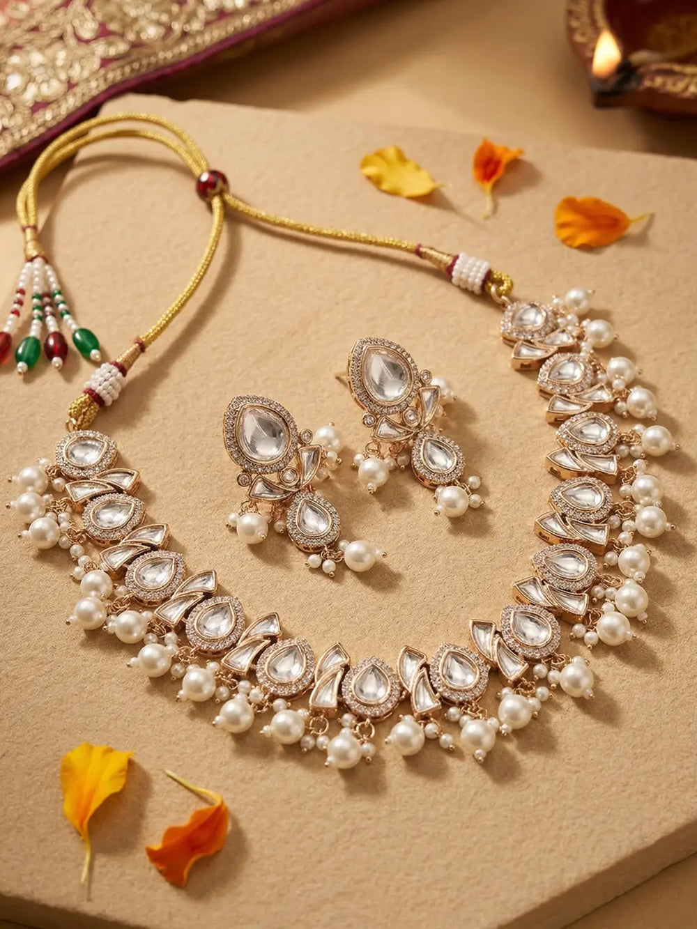 Elegant Beaded pearls Kundan choker necklace set featuring handcrafted pearls And Kundan stones, delicate pearl drops, and matching earrings, perfect for bridal wear, weddings, festive occasions, and traditional Indian jewellery.