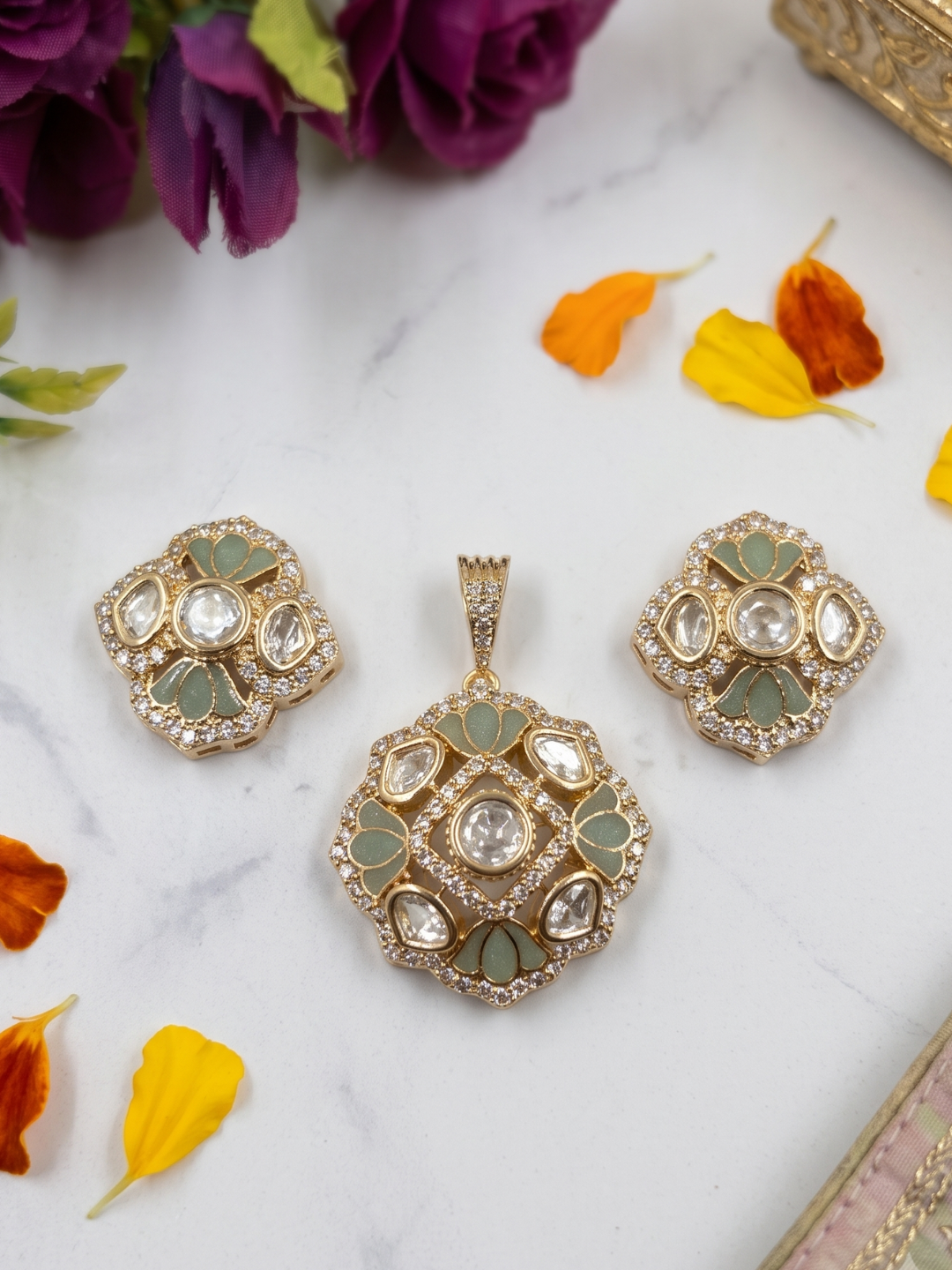 Designer Gold Plated Kundan Pendant And Earring Set with mint green enamle| Ethnic & Festive Wear