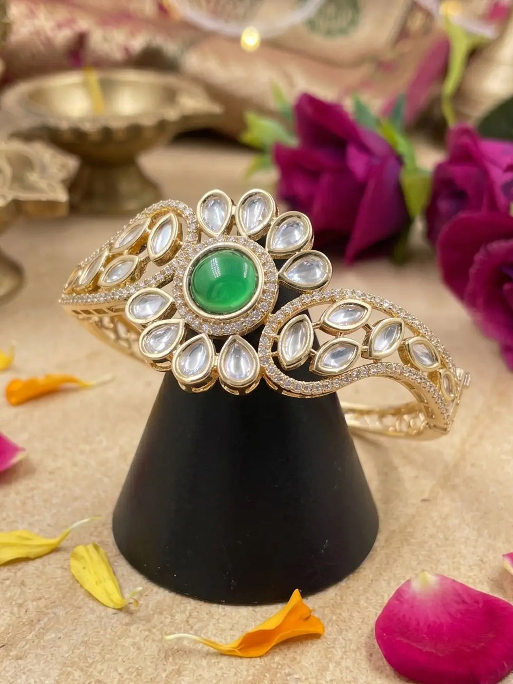 Gold Plated Floral Design green Kundan Kada Bracelet For Women | Ethnic & Traditional Wear