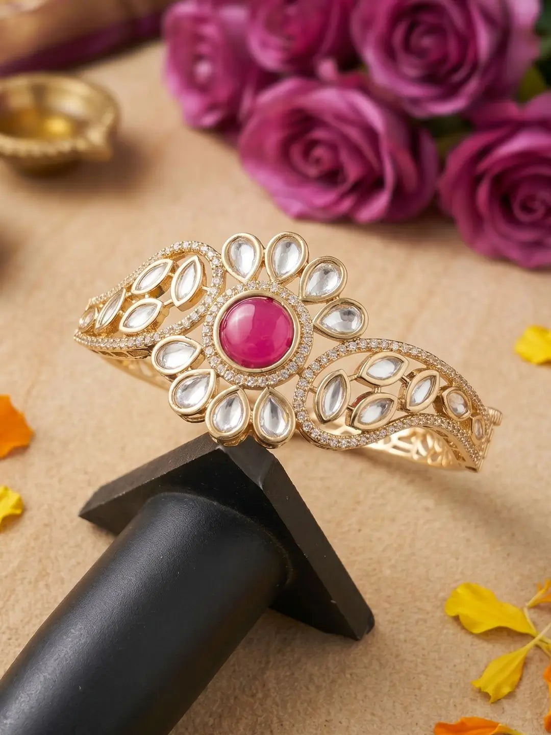 Gold Plated Floral Design ruby pink Kundan Kada Bracelet For Women | Ethnic & Traditional Wear