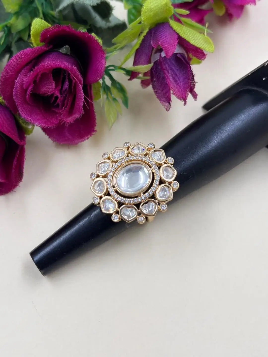 Elegant Gold Plated Floral Design Statement Kundan Ring For Women | Wedding & Festive Wear