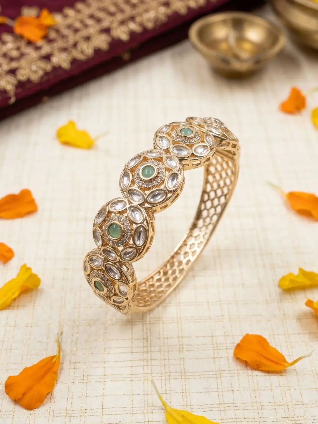 Ethnic Gold Plated Flower Design Openable Kundan mint green Bracelet For Women | Festive Jewellery