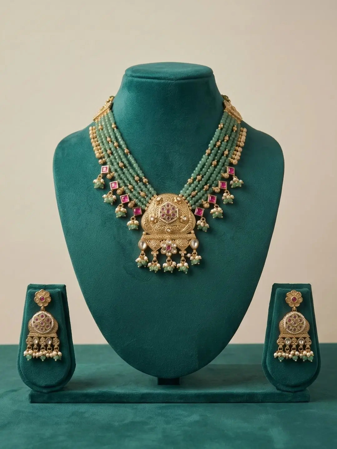 Gold Plated Antique Beaded Necklace Set | Traditional Jewelry Set For Women