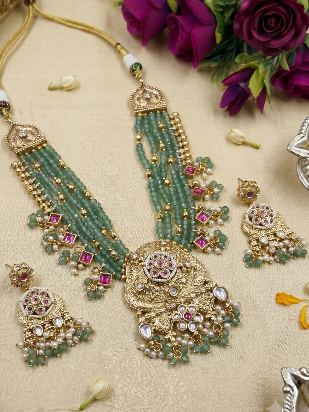 Gold Plated Antique Beaded Necklace Set | Traditional mint green Jewelry Set For Women