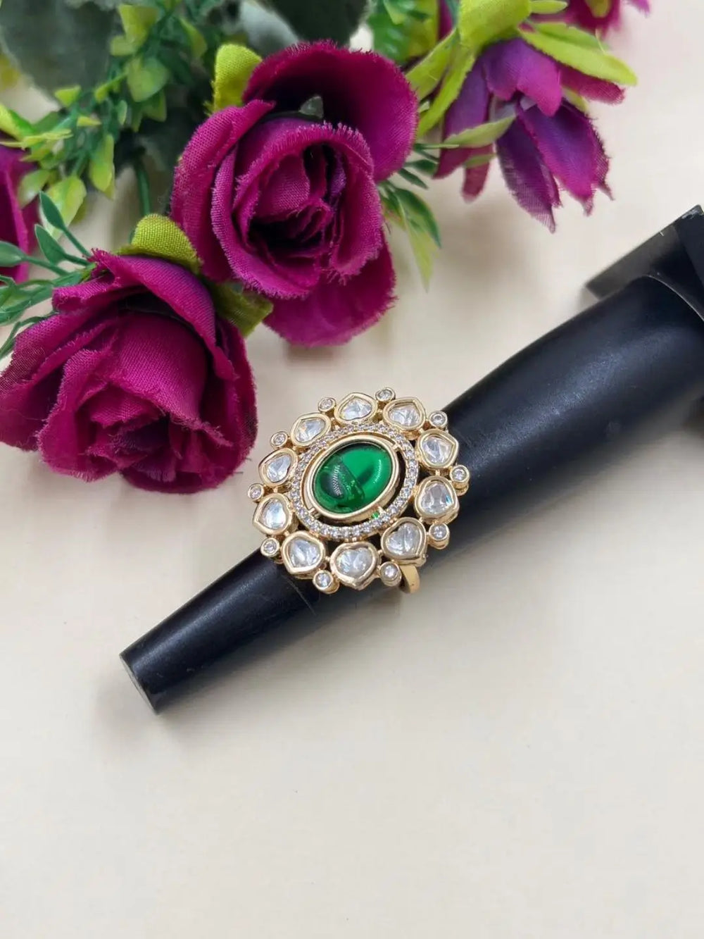 Elegant Gold Plated Green Floral Design Statement Kundan Ring For Women | Wedding & Festive Wear