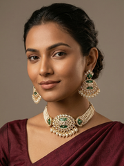 a women wearing an elegant multi-strand green kundan and pearl choker necklace featuring a handcrafted Kundan centrepiece with pearl drop detailing and matching earrings, ideal for bridal wear, weddings, festive celebrations, and traditional Indian jewellery.