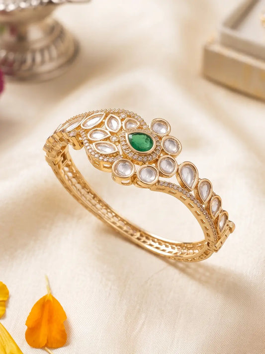 Designer Gold Plated Green Polki Bracelet For Women | Wedding & Party Wear