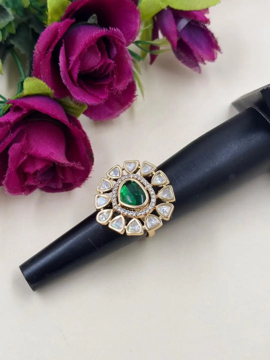 Elegant Adjustable green Polki Ring For Women | Ethnic & Traditional Wear