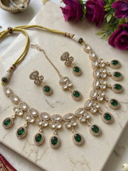Gold Plated green stones and Polki Kundan Necklace Set With Tikka | Wedding & Festive Jewellery Set