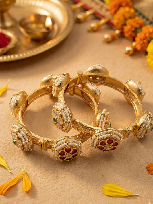 Traditional Gold Plated Kundan and Pearls Kada Bangles For Women - Wedding & Party Wear
