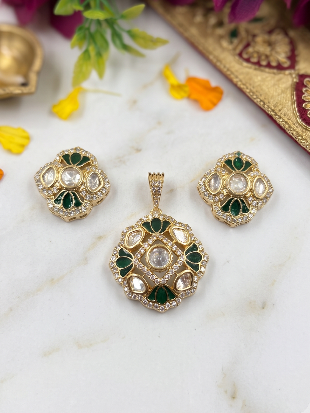 Designer Gold Plated Kundan Pendant And Earring Set with green enamel