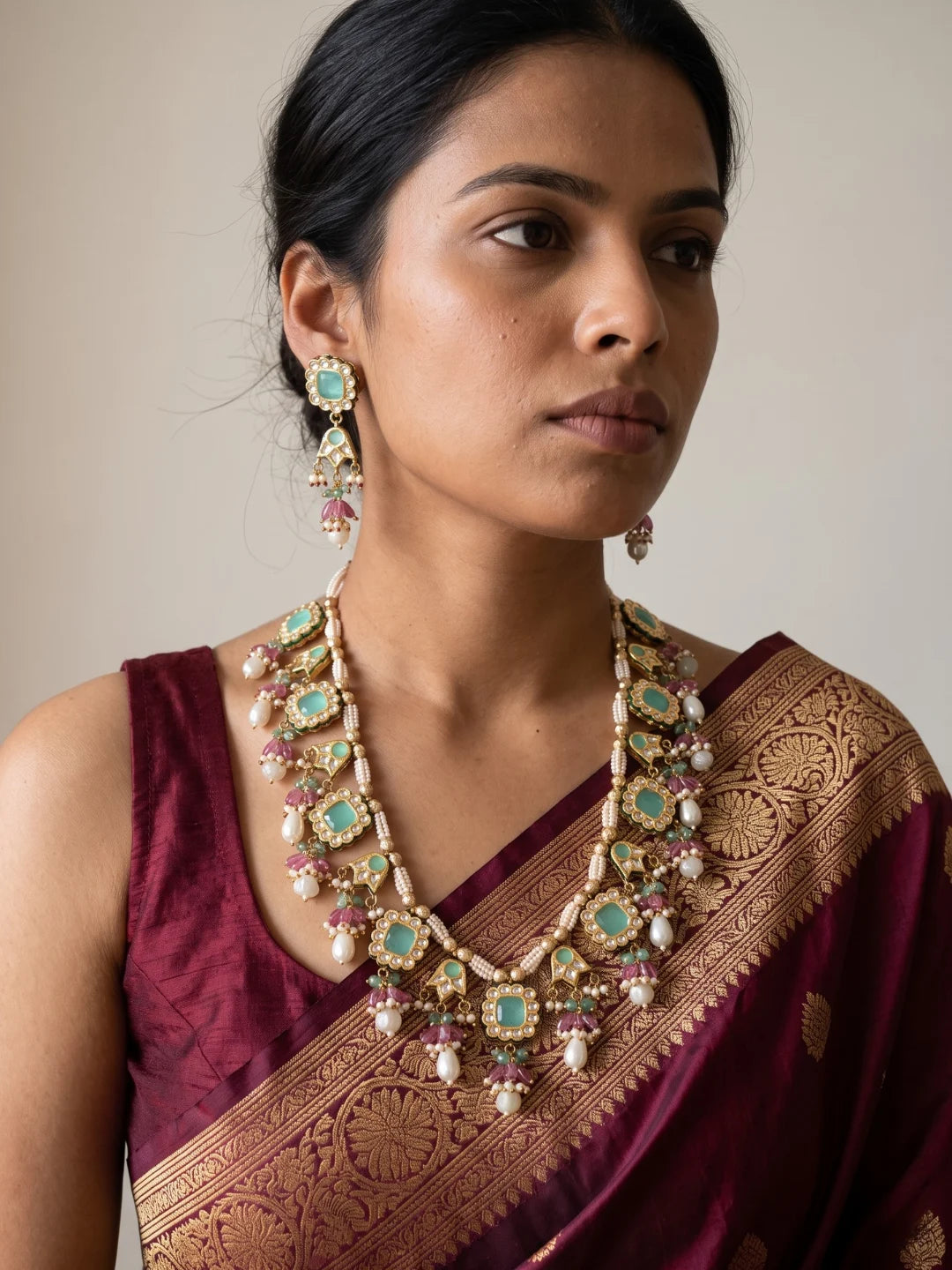 Ethnic Long Multicolor Beaded Necklace Set With Small mont green jadau Kundan Pendants And Multiple Beaded Drops | Wedding, Festive & Ethnic Wear jewellery