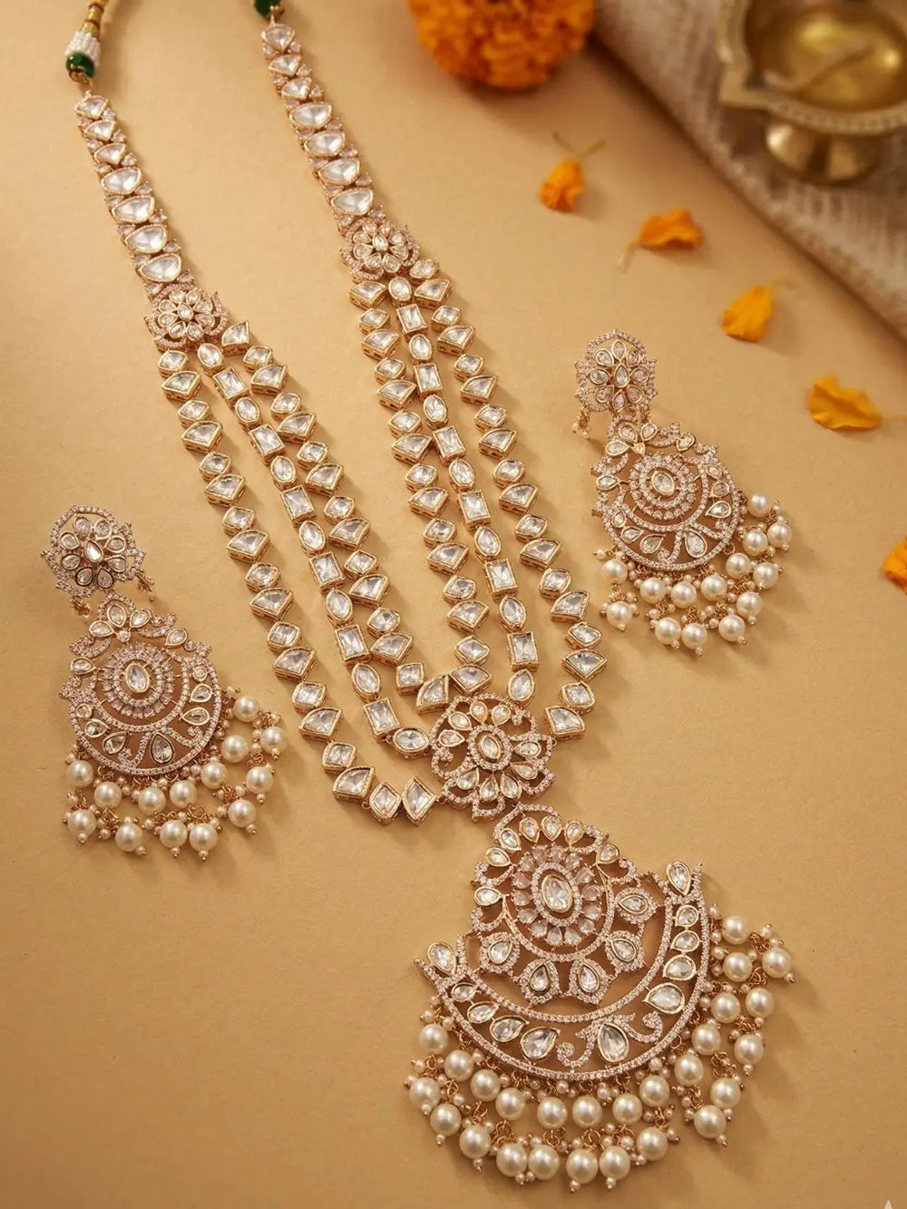 Luxurious Long Layered Polki Kundan Necklace Set With Pendant | Wedding And Bridal Jewellery Set