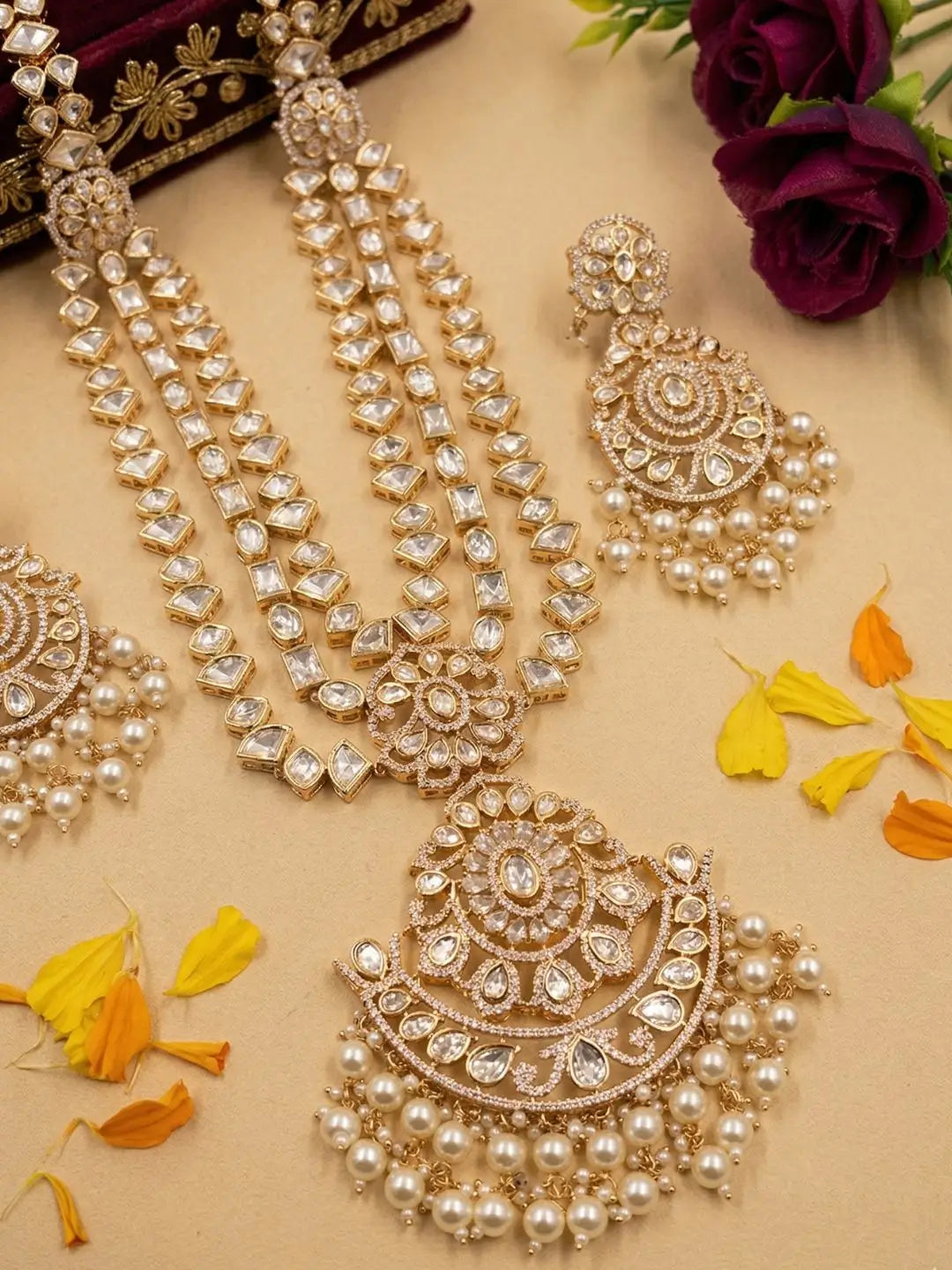 Luxurious Long Layered Polki Kundan Necklace Set With Pendant | Wedding And Bridal Jewellery Set
