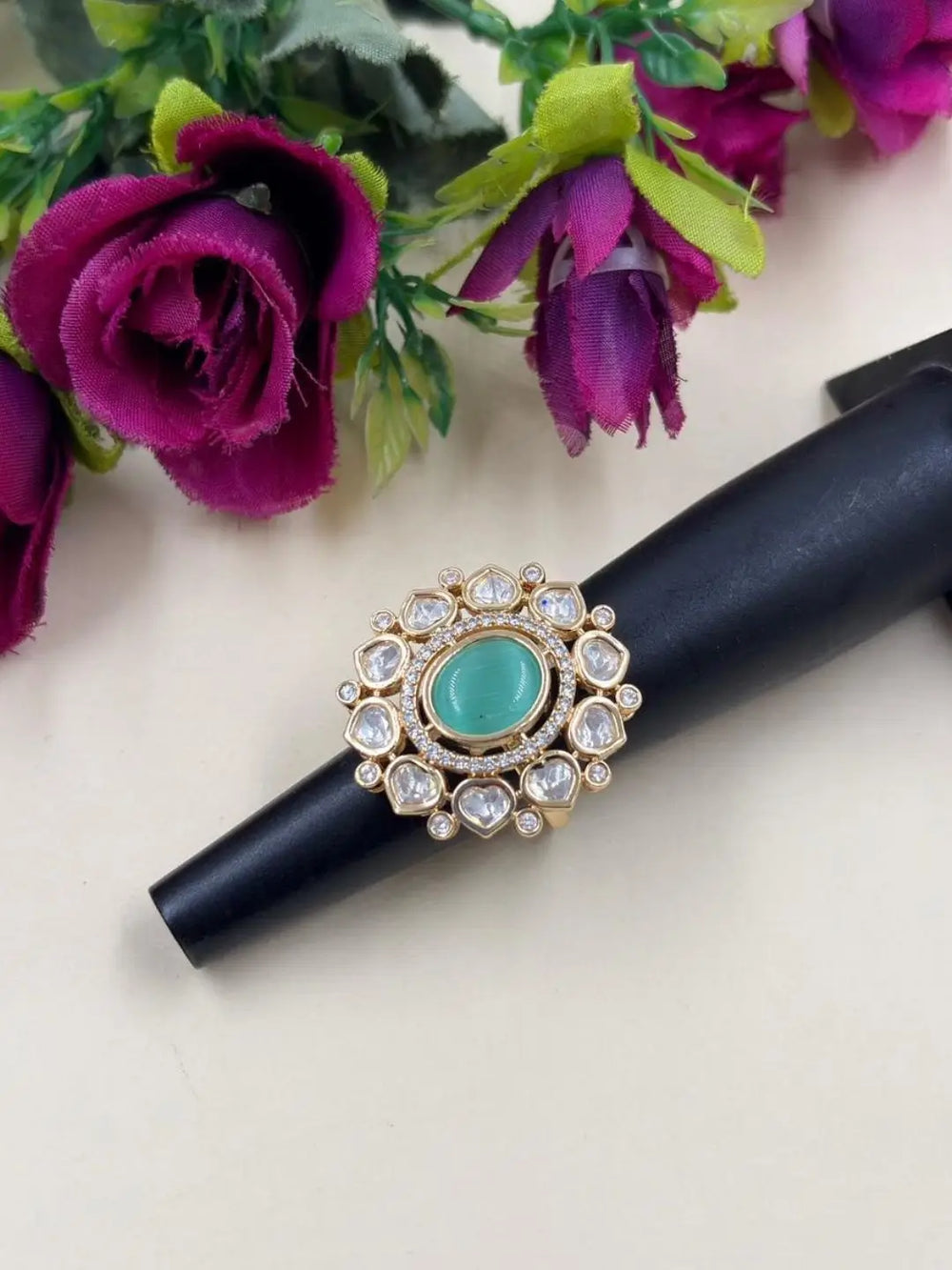 Elegant Gold Plated Floral Design Statement Kundan Ring For Women | Wedding & Festive Wear