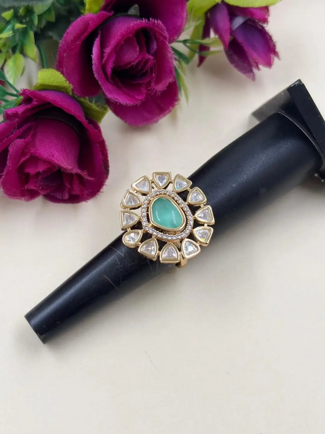 Elegant Adjustable mint green Polki Ring For Women | Ethnic & Traditional Wear