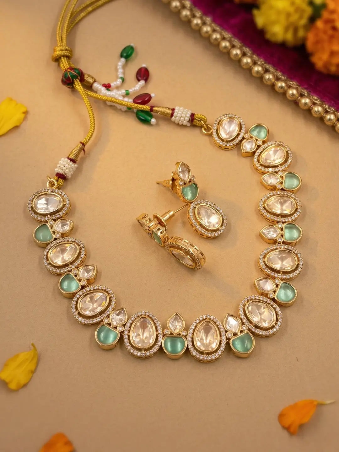 Elegant Statement mint green stones and  Polki Kundan Necklace And Earring Set | Festive And Party Wear
