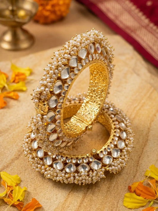 Traditional Gold Plated Pearls & Paachi Kundan Jadau Gokhru Bangles | Statement Kada Bangles 