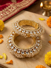 Traditional Gold Plated Pearls & Paachi Kundan Jadau Gokhru  kada Bangles for women | Statement Kada Bangles 