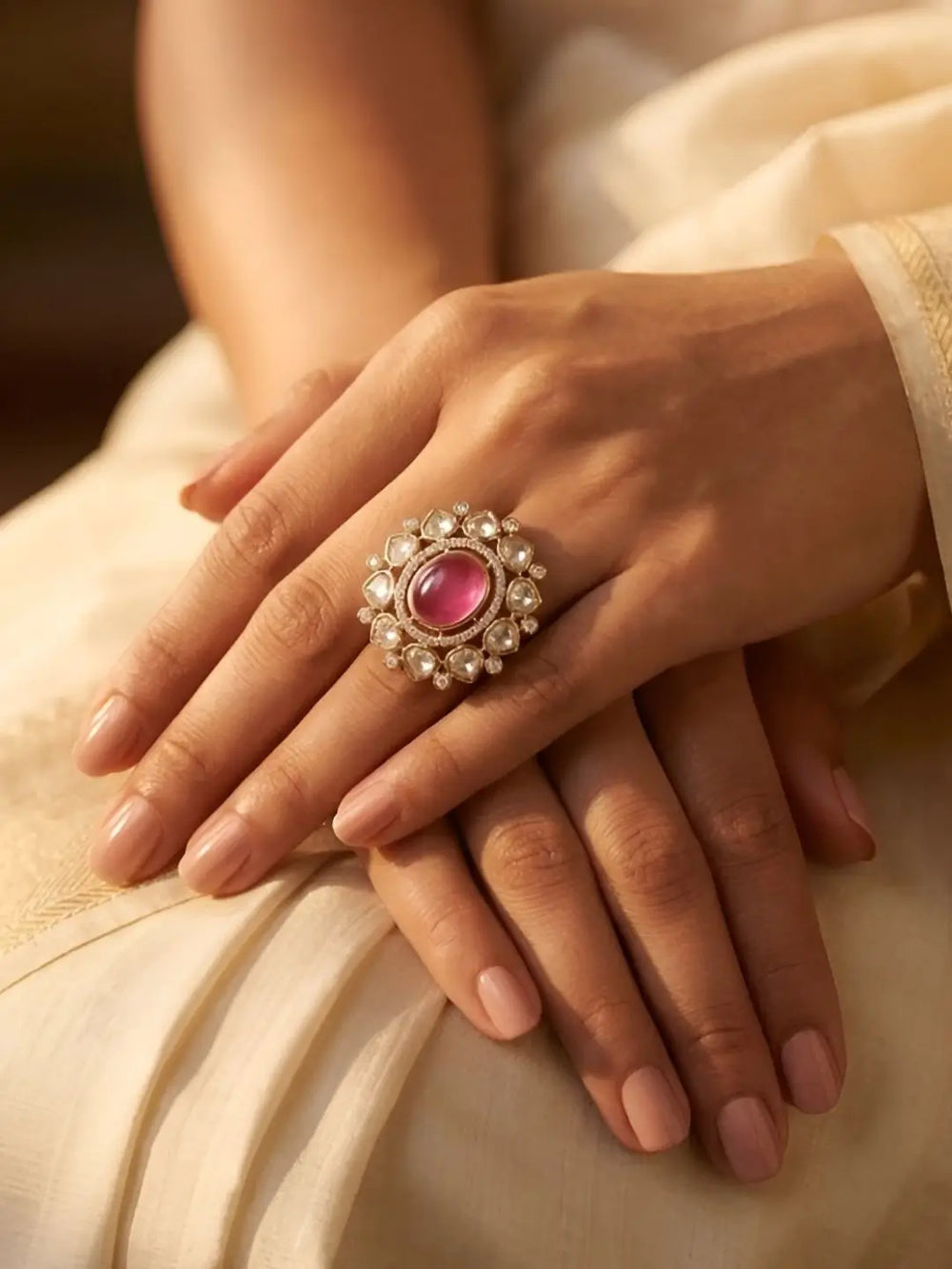 Close-up of hands wearing a gold plated floral design kundan ring with a pink gemstone on a beige fabric background