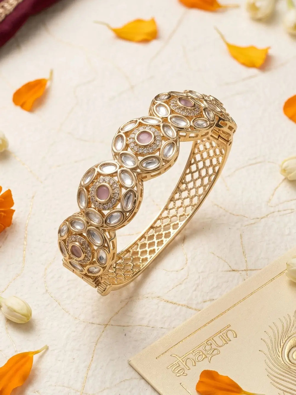 Ethnic Gold Plated Flower Design Openable pink Kundan Bracelet For Women | Festive Jewellery