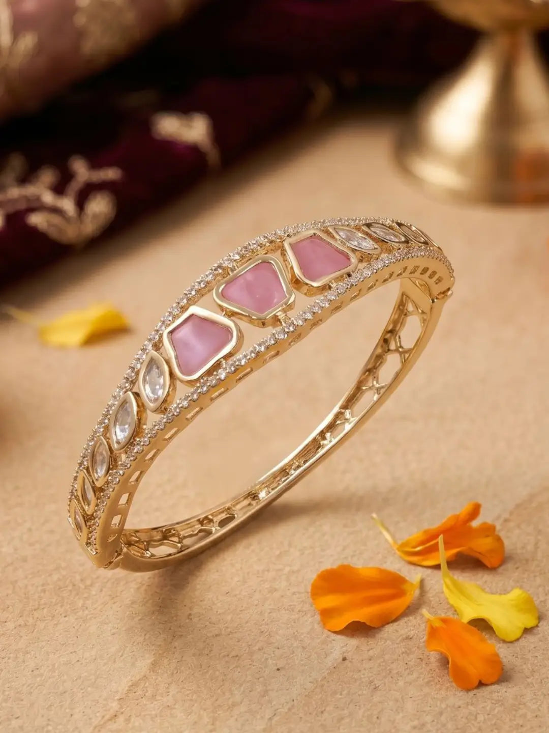 Gold Plated Elegant Sleek Pink Kundan Bracelet For Women | Ethnic & Traditional Wear