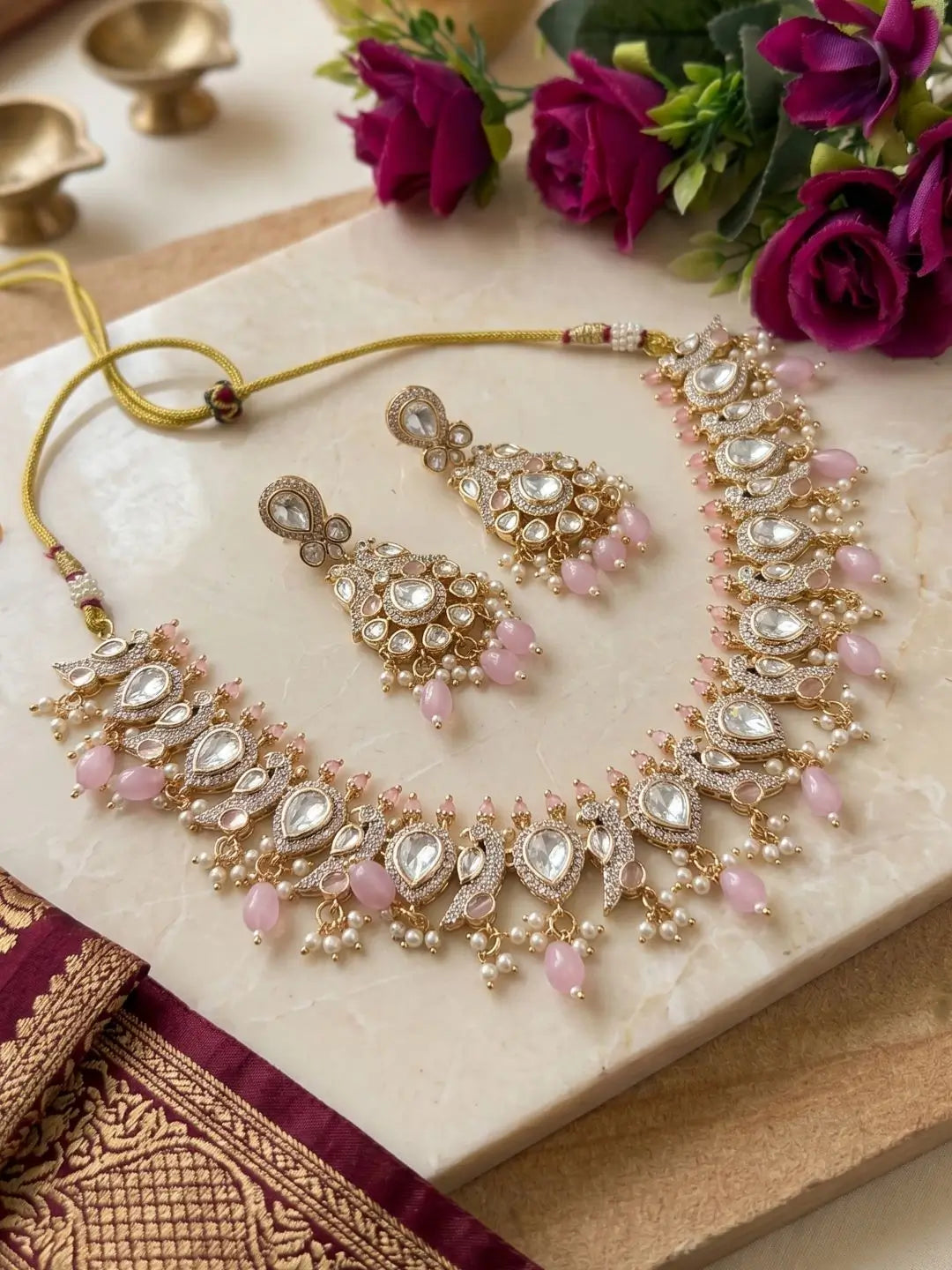 Designer Peacock Design Polki Necklace Set For Women | Wedding & Festive pink Jewellery  set 