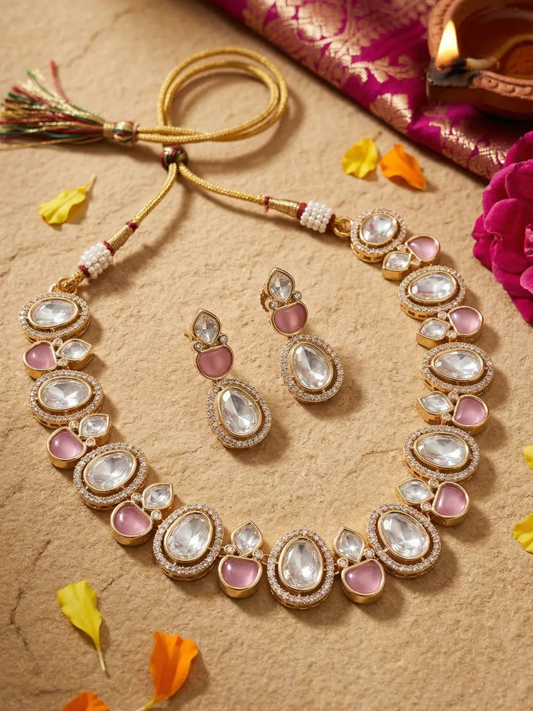 Elegant Statement pink stones and Polki Kundan Necklace And Earring Set | Festive And Party Wear