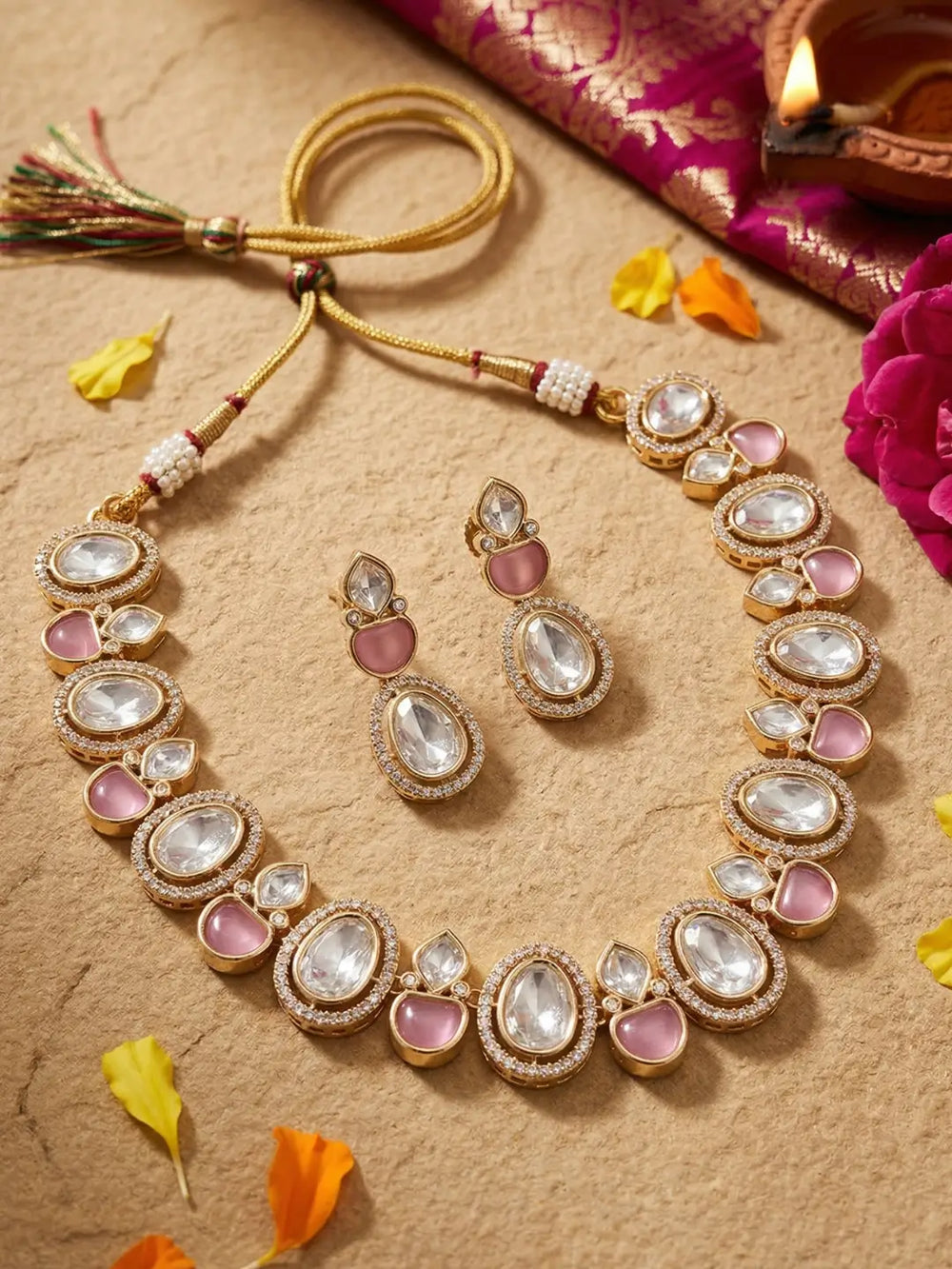 Elegant Statement pink stones and Polki Kundan Necklace And Earring Set | Festive And Party Wear
