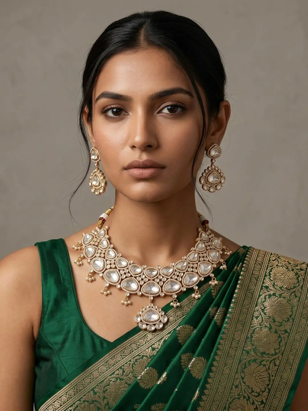 A woman wearing an elegant gold-plated wedding and bridal wear Kundan Necklace Set on a green saree