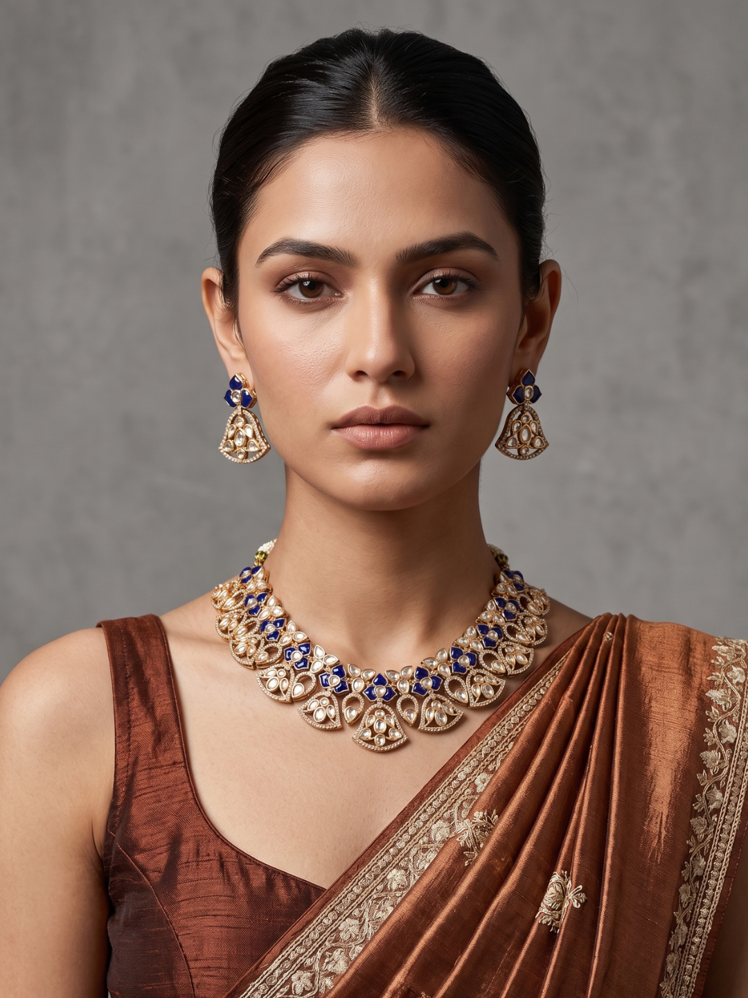 A women is wearing a handcrafted gold-plated floral Kundan necklace set with matching earrings featuring Polki, CZ stones and  blue enamel accents, ideal for bridal wear, weddings, festive occasions, and traditional Indian jewellery.