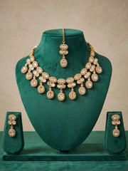 Gold Plated Polki Kundan Necklace Set With Tikka | Wedding & Festive Jewellery Set
