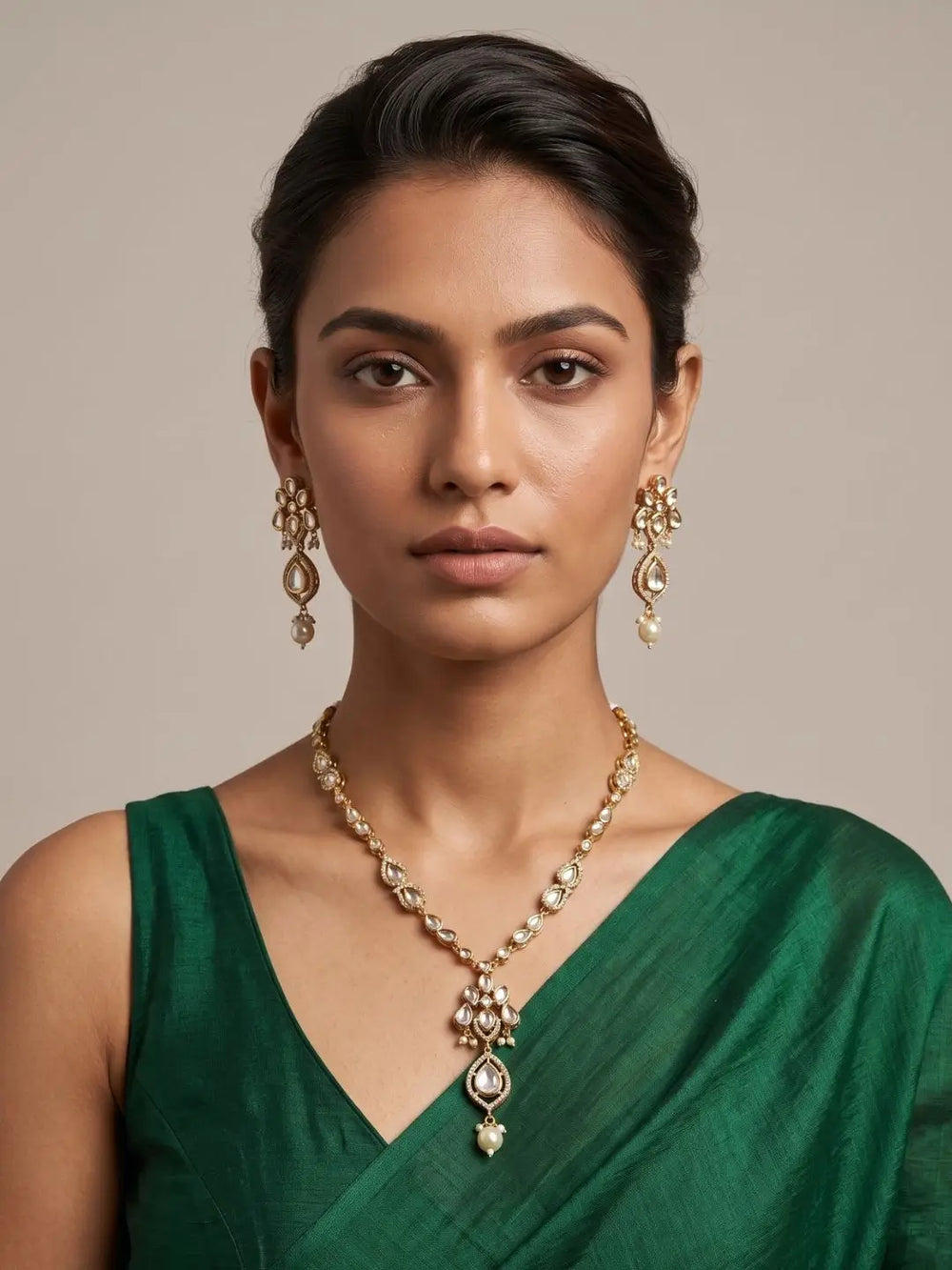 a women wearing an elegant gold-plated Kundan pendant necklace set with polki drop pendant and matching earrings, handcrafted traditional Indian jewellery for weddings, festive occasions, party wear, and ethnic outfits.