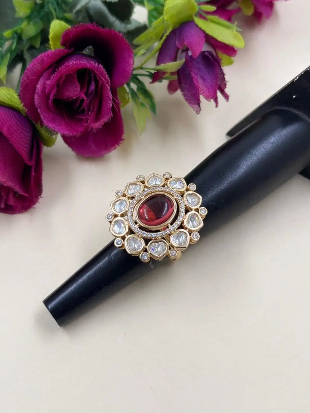 Elegant Gold Plated red Floral Design Statement Kundan Ring For Women | Wedding & Festive Wear