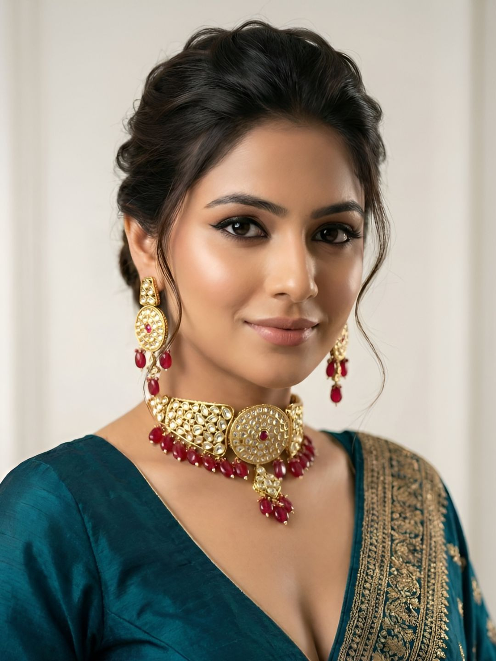 A women wearing a designer Gold Plated Kundan Choker Necklace And Earring Set  on a green bridal saree| Bridal & Wedding Wear