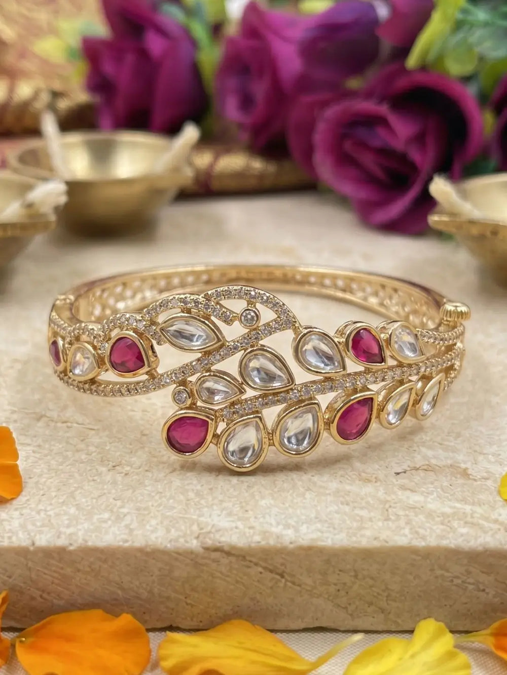 Gold Plated Ethnic Openable red Kundan Kada Bracelet | Wedding And Festive Jewellery