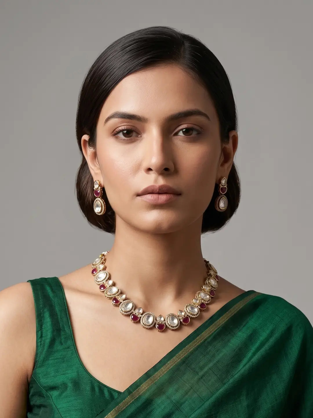 A woman wearing a green saree blouse and a gold-toned statement necklace with white kundan stones and red accents, paired with matching drop earrings, against a solid gray studio background.