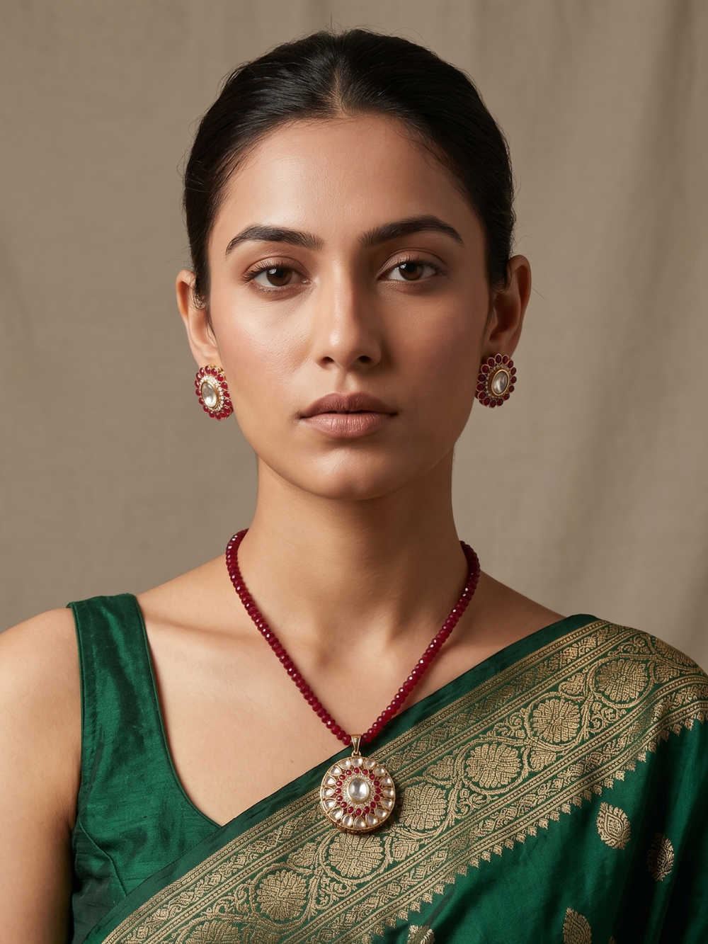 A woman wearing a green sari with gold zari embroidery, a red beaded necklace with a large gold-plated kundan pendant, and matching red stud earrings posed against a neutral beige background.