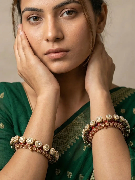 A women wearing an Ethnic Red Meenakari Kundan Pearls Pacheli Kada Bangles For Women | Wedding & Bridal Wear