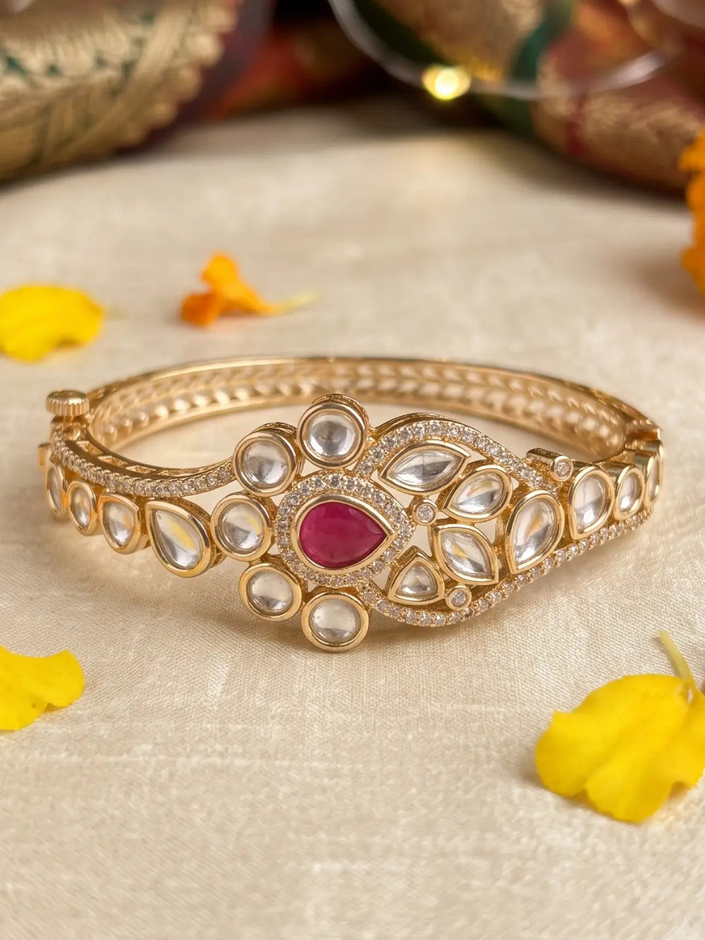 Designer Gold Plated red Polki Bracelet For Women | Wedding & Party Wear