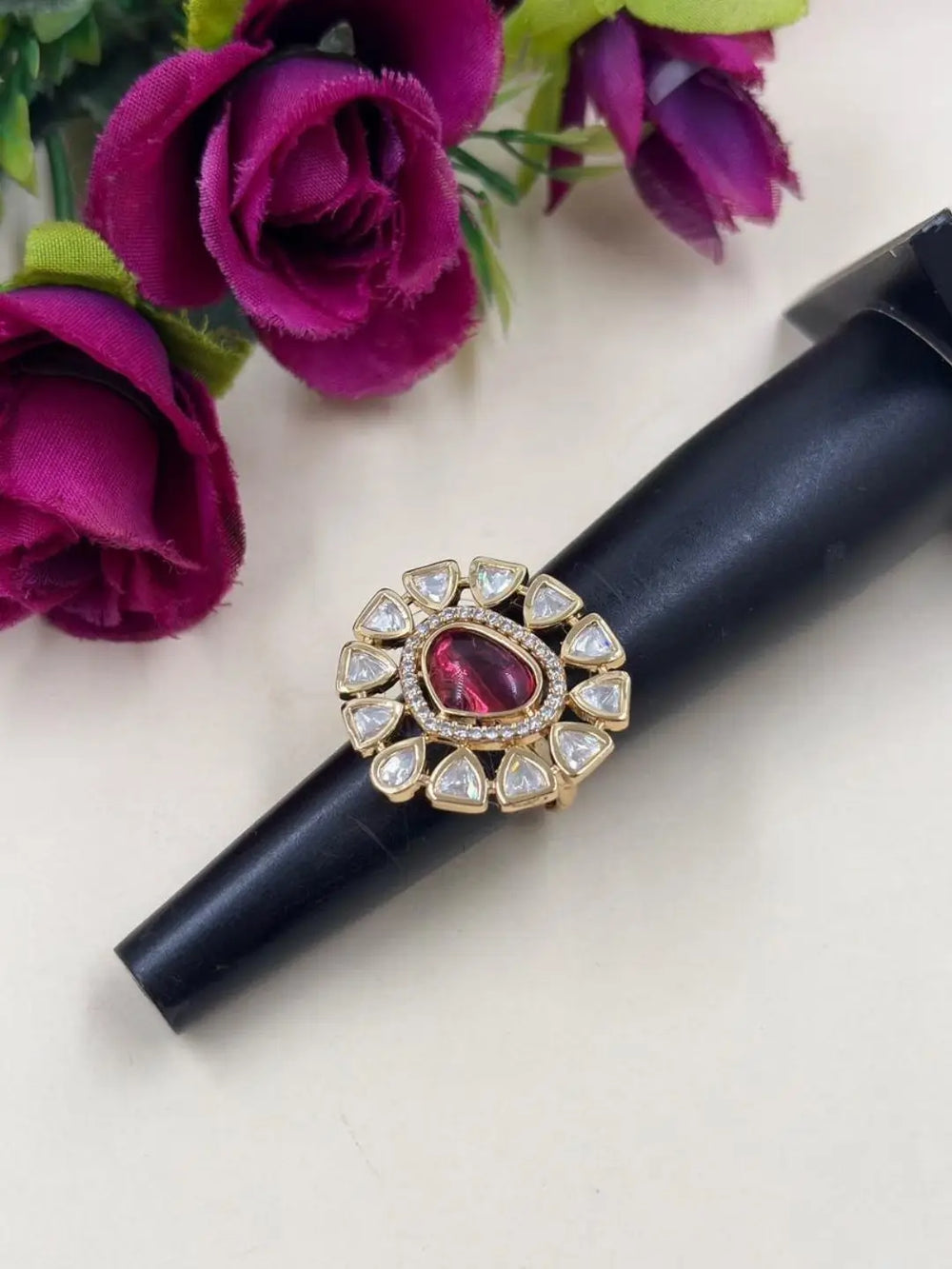 Elegant Adjustable red  Polki Ring For Women | Ethnic & Traditional Wear