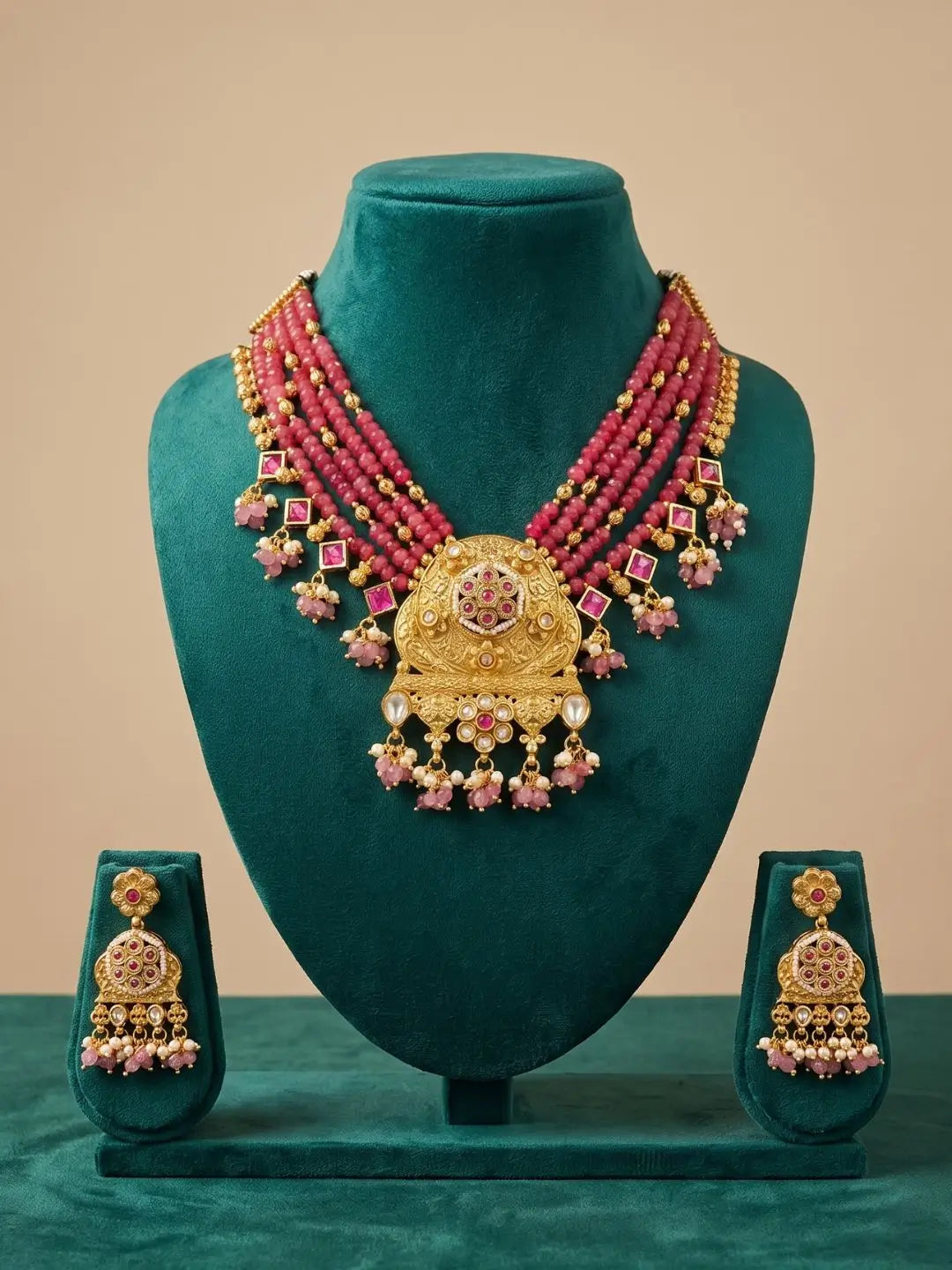 Gold Plated Antique Beaded Necklace Set | Traditional  red beaded Jewelry Set For Women