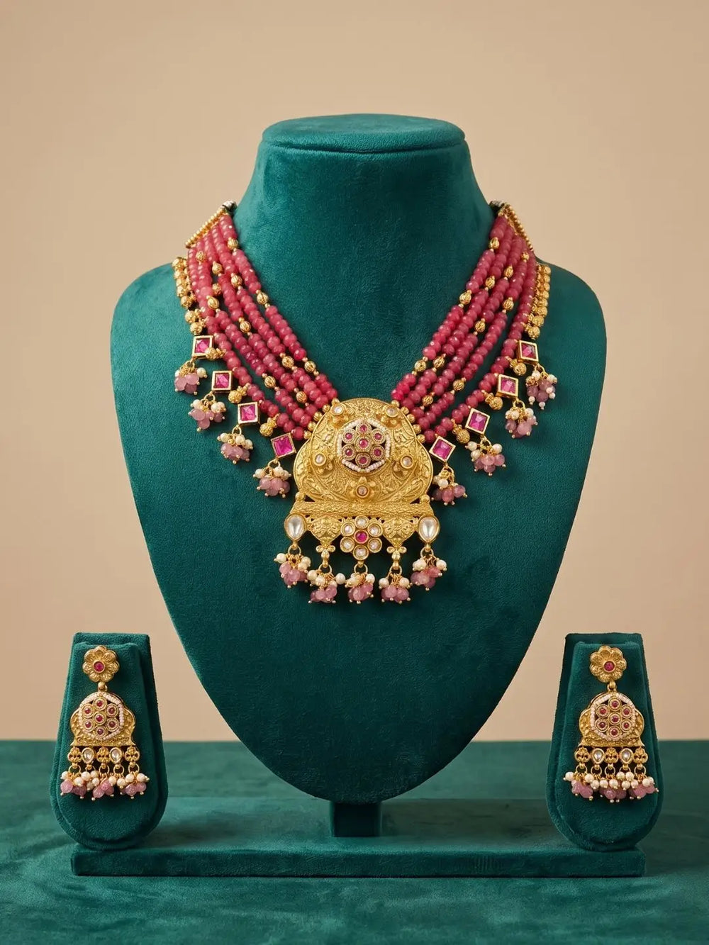 Gold Plated Antique Beaded Necklace Set | Traditional  red beaded Jewelry Set For Women