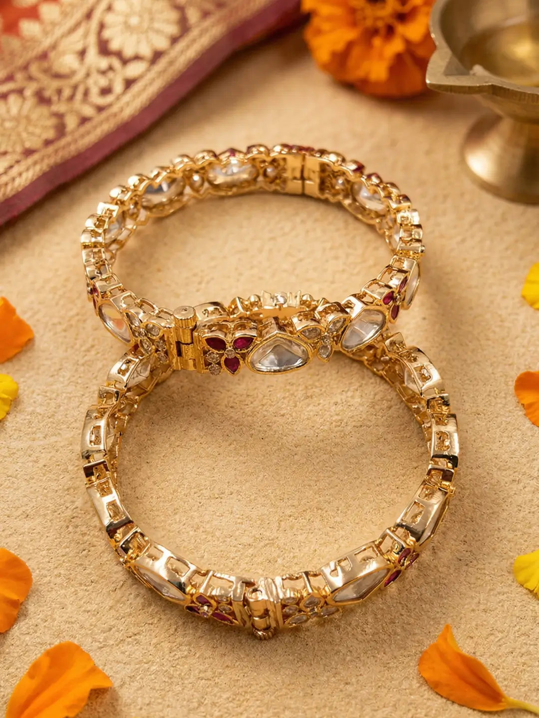 Designer Openable Gold-Plated Ruby Stones Polki Kundan Bangles With Floral Design | Ethnic Wear
