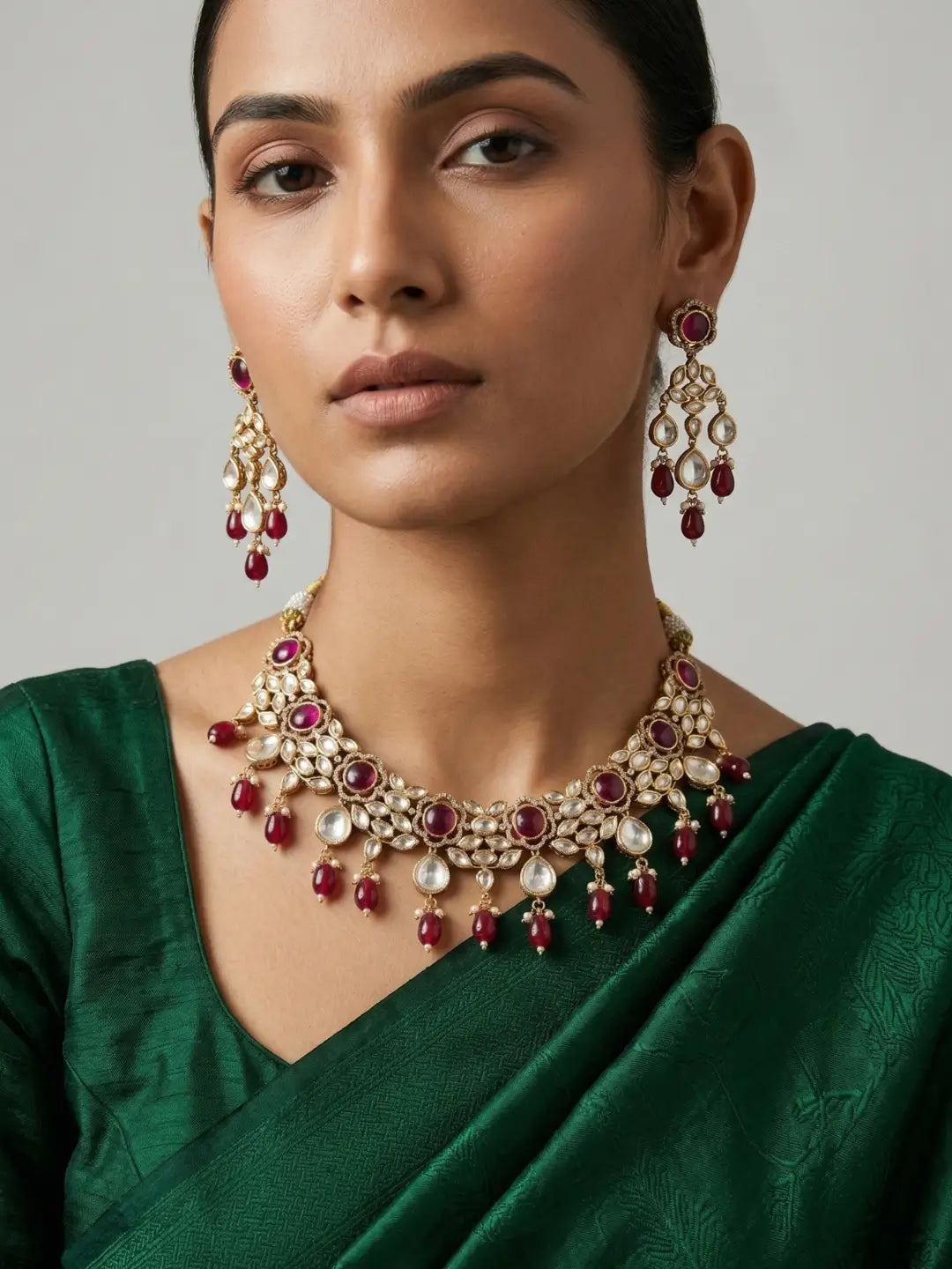 a women wearing an Elegant Red Kundan necklace set with matching chandelier earrings featuring premium Kundan stones, red bead drops, and gold-tone finish, perfect for bridal wear, weddings, festive occasions, and traditional Indian jewellery.