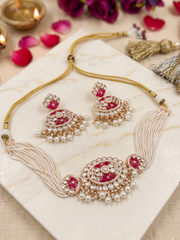 Elegant multi-strand green kundan and pearl choker necklace featuring a handcrafted Kundan centrepiece with pearl drop detailing and matching earrings, ideal for bridal wear, weddings, festive celebrations, and traditional Indian jewellery.