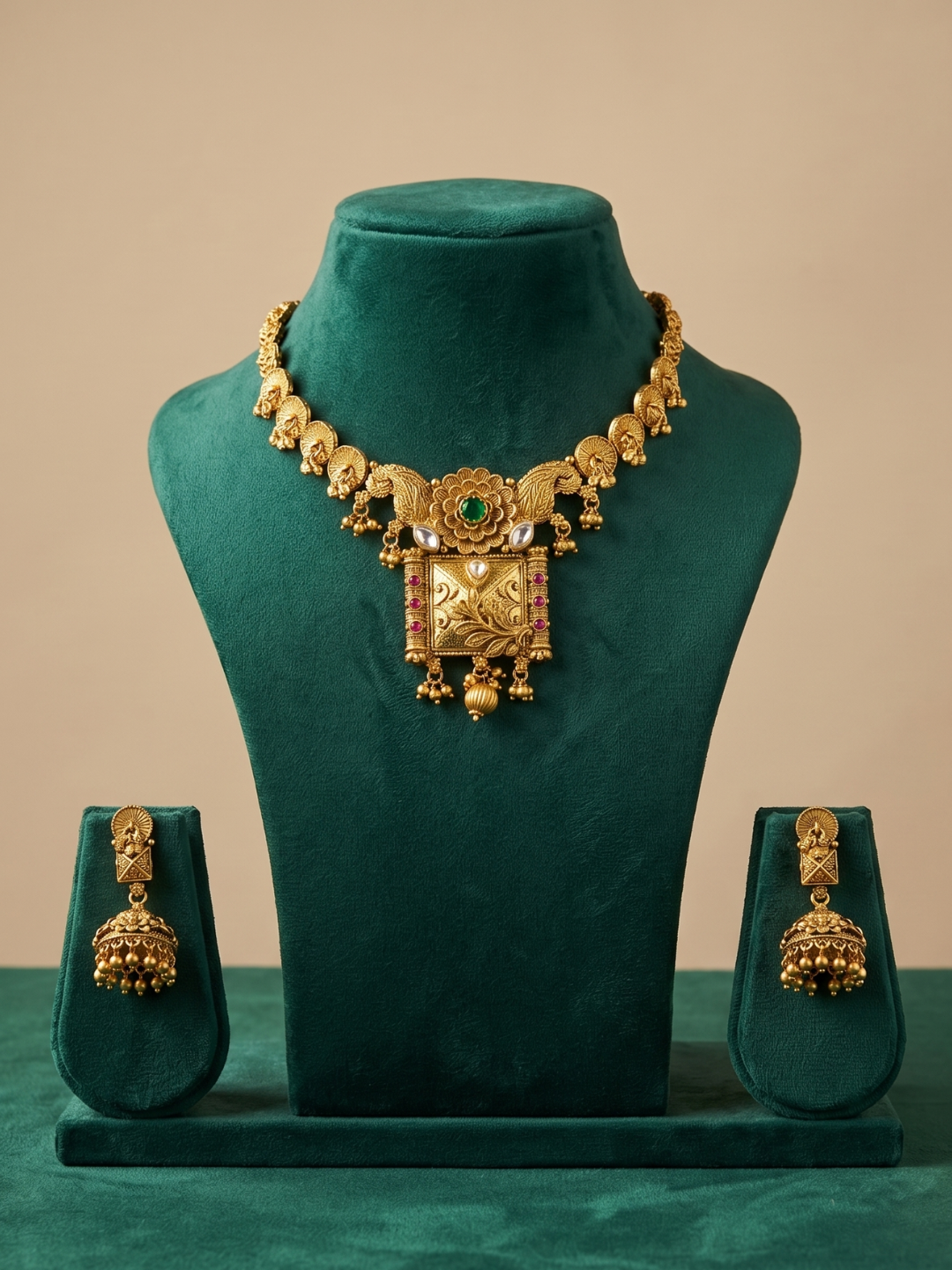 An ornate gold-toned traditional antique gold short necklace with matching earrings displayed on a dark green velvet jewelry bust set against a beige background.